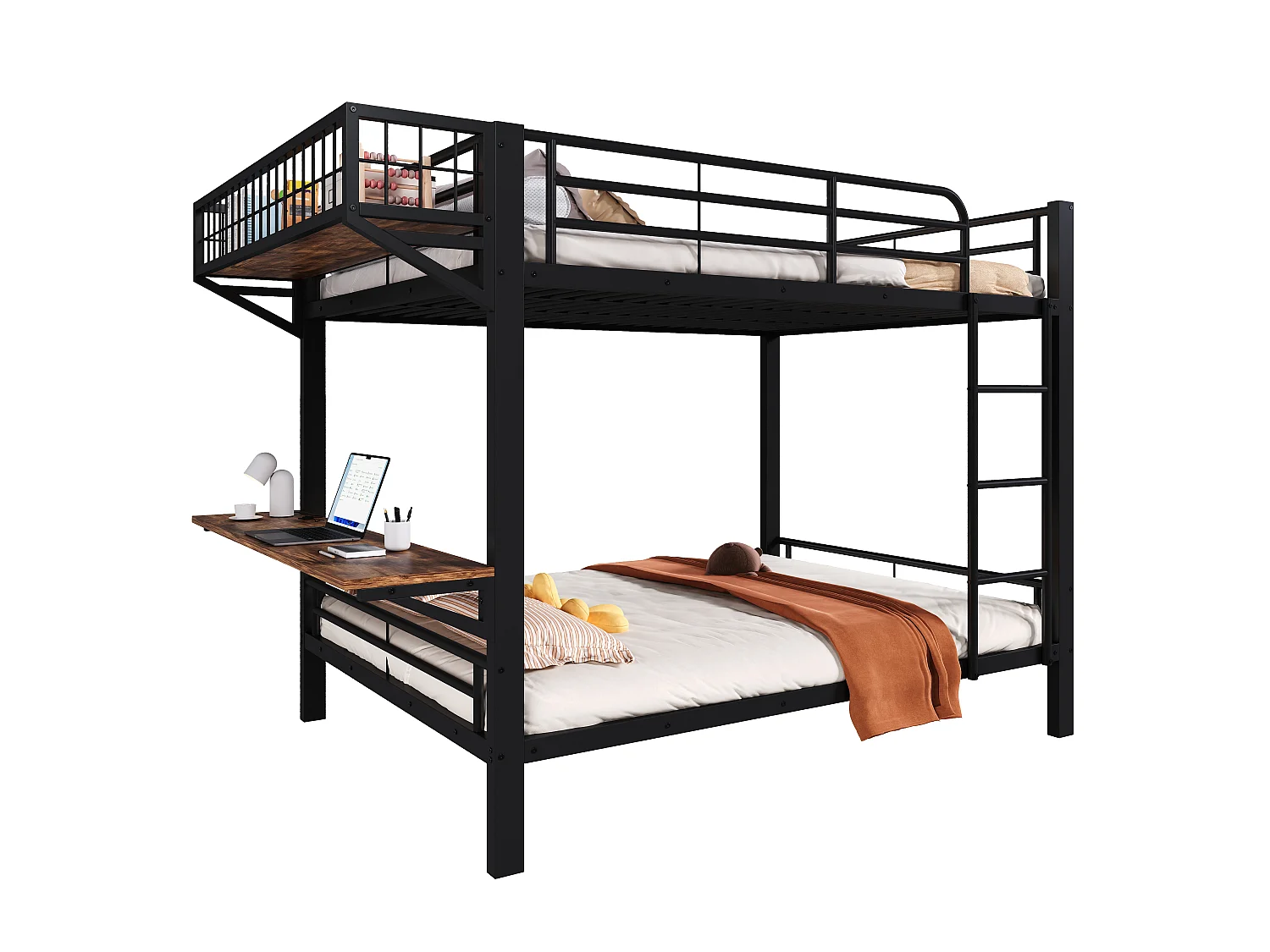 Lit superposé 140 x 200 cm avec bureau intégré, étagère réversible et barrières de sécurité – Métal et MDF – Noir (Sans matelas)