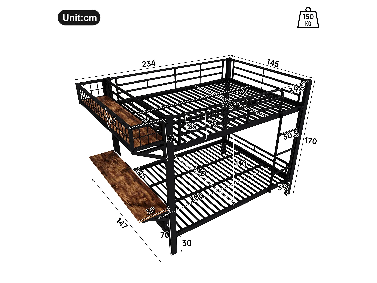 Lit superposé 140 x 200 cm avec bureau intégré, étagère réversible et barrières de sécurité – Métal et MDF – Noir (Sans matelas)