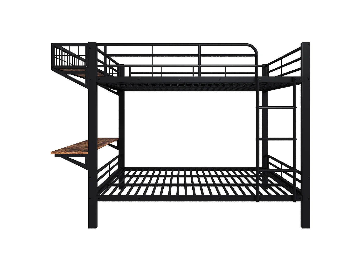 Lit superposé 140 x 200 cm avec bureau intégré, étagère réversible et barrières de sécurité – Métal et MDF – Noir (Sans matelas)