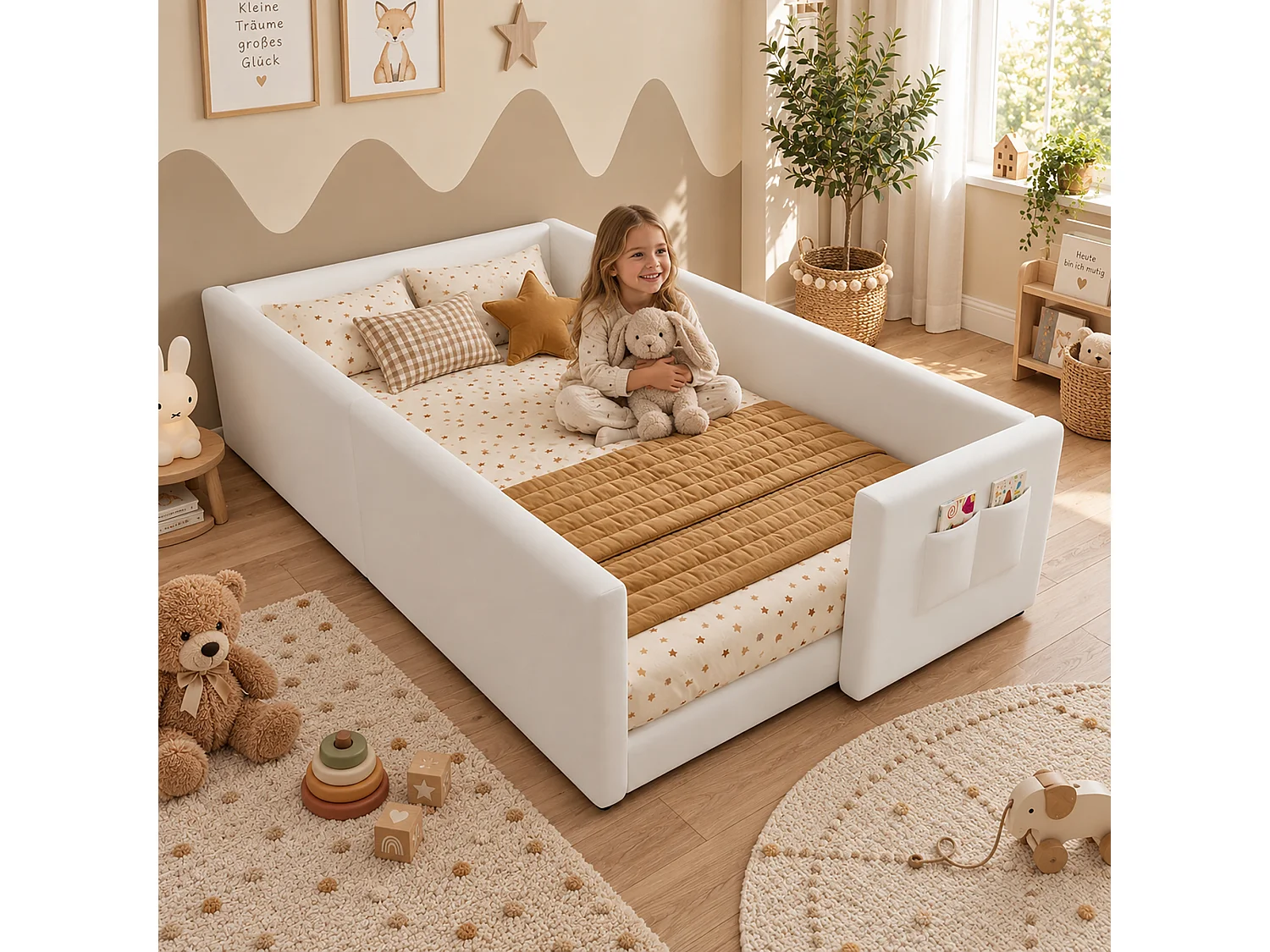 Bädd för barn stoppad 90x200 cm - med 2 förvaringspåsar - minimalistisk modern stil - PU + plywood - Vit (utan madrass)