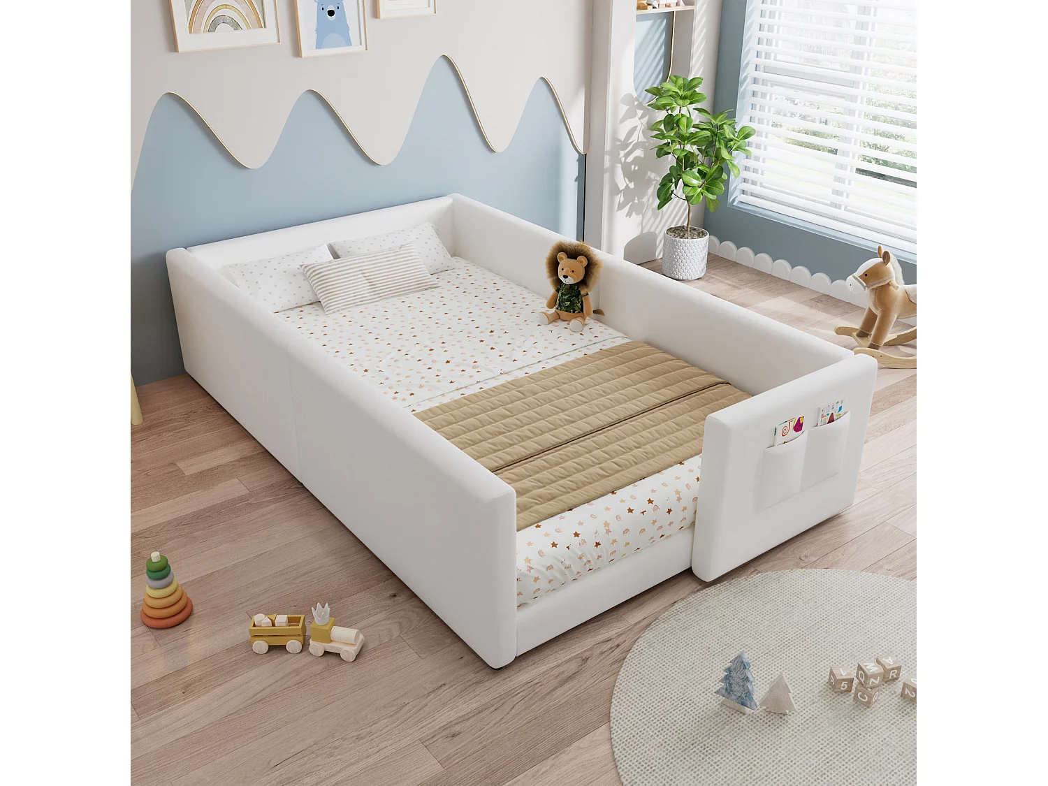Bädd för barn stoppad 90x200 cm - med 2 förvaringspåsar - minimalistisk modern stil - PU + plywood - Vit (utan madrass)