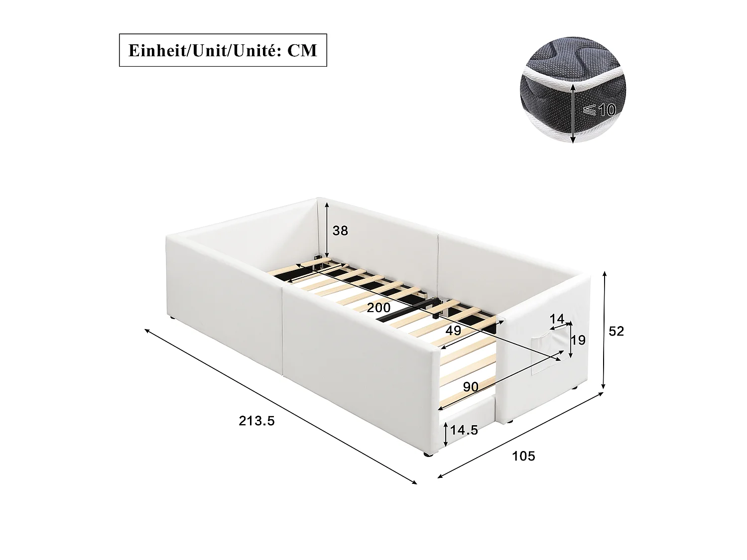 Bädd för barn stoppad 90x200 cm - med 2 förvaringspåsar - minimalistisk modern stil - PU + plywood - Vit (utan madrass)