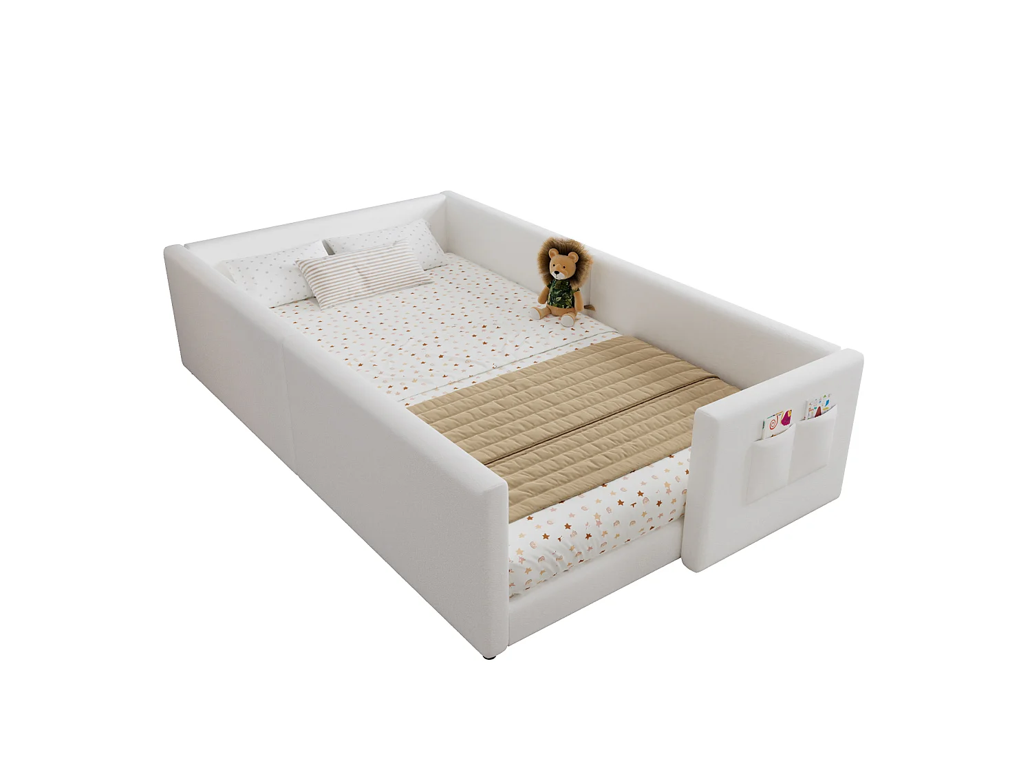 Bädd för barn stoppad 90x200 cm - med 2 förvaringspåsar - minimalistisk modern stil - PU + plywood - Vit (utan madrass)