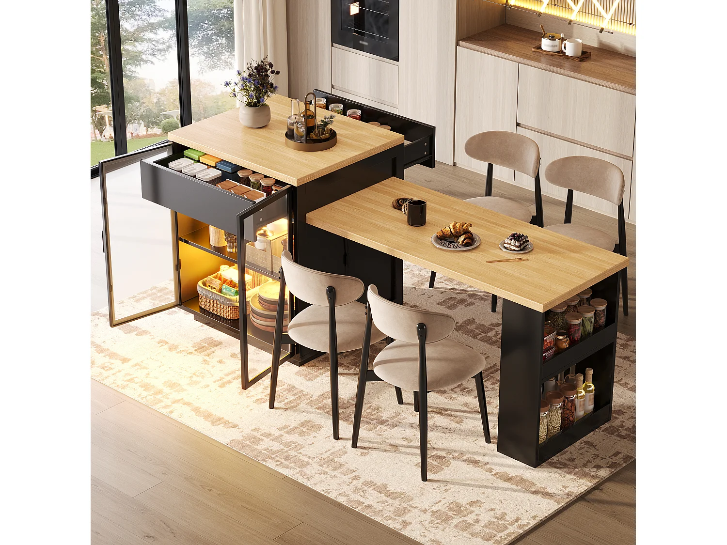 Utdragbart matbord med vitrinskåp, 1 låda, 2 dörrar Hyllor, LED och USB – MDF, metall och glas – 122-194,5 x 70 x 94 cm – Svart