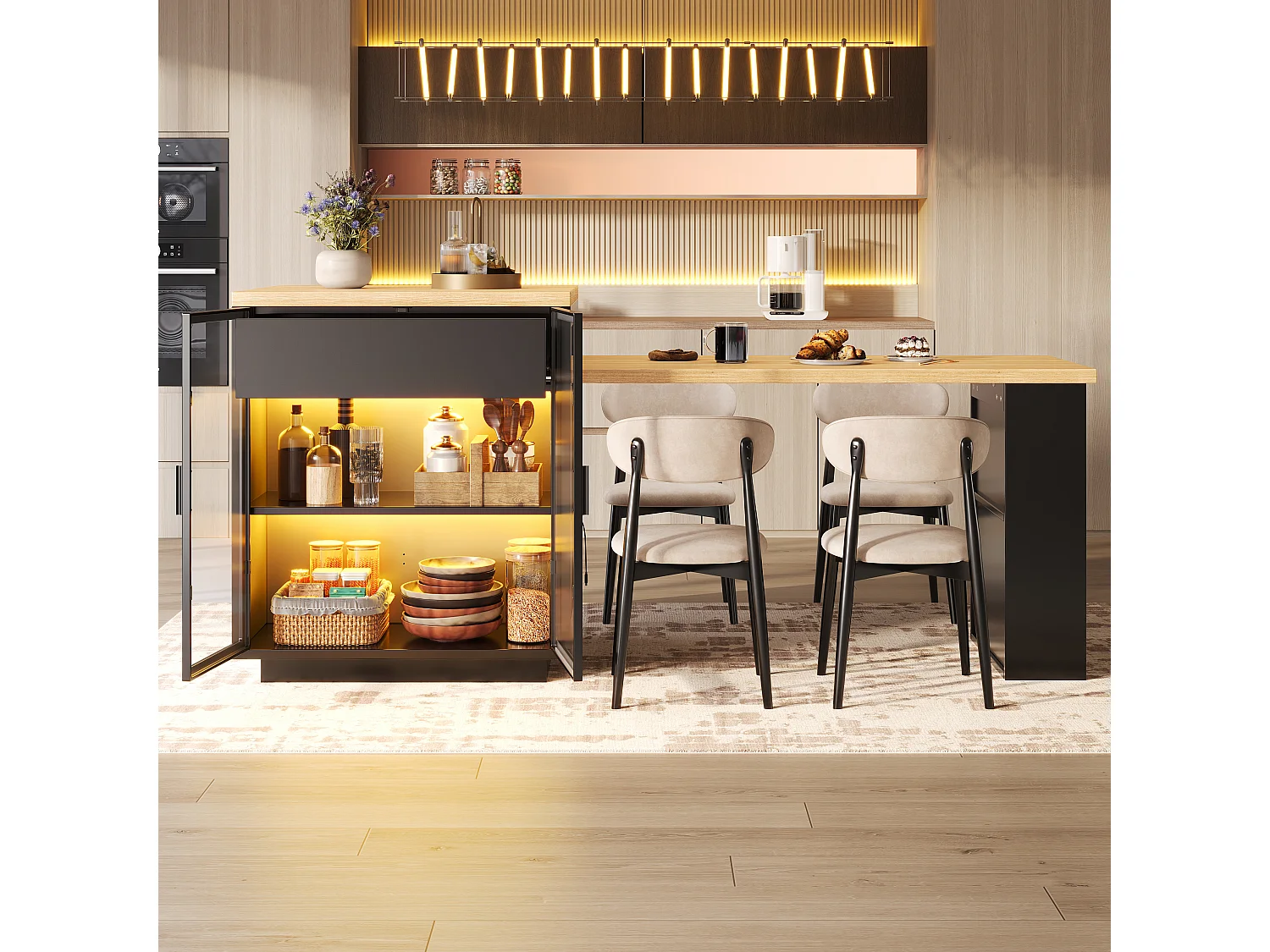 Utdragbart matbord med vitrinskåp, 1 låda, 2 dörrar Hyllor, LED och USB – MDF, metall och glas – 122-194,5 x 70 x 94 cm – Svart