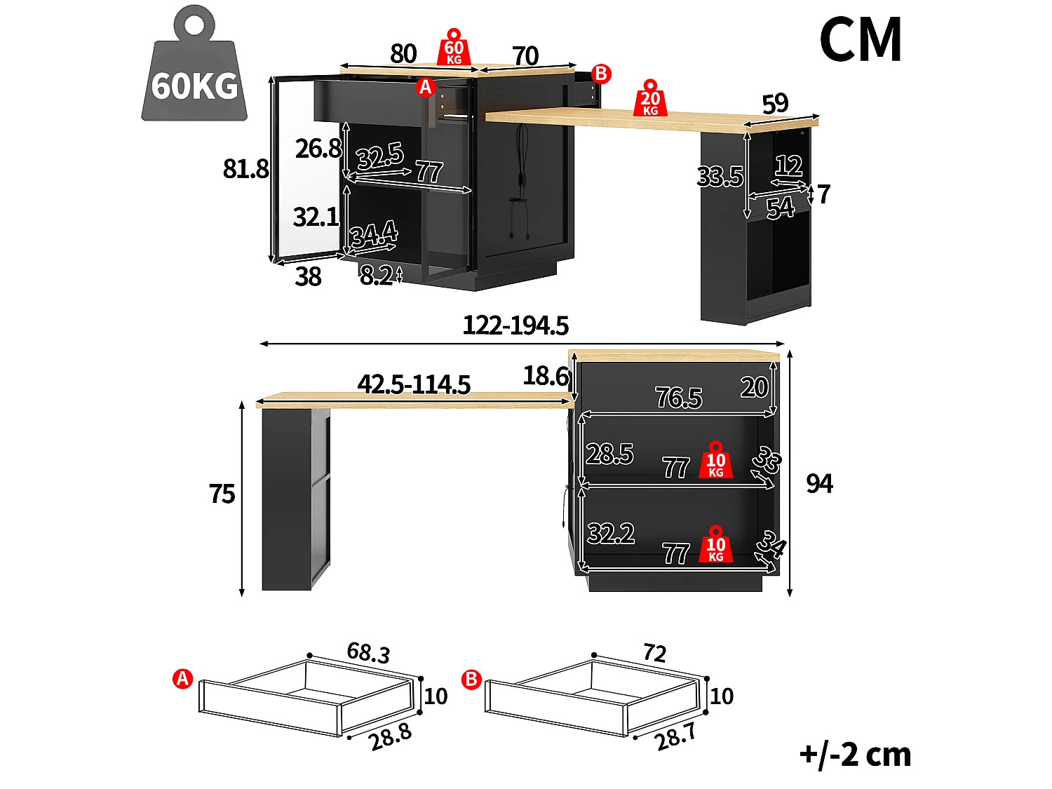 Utdragbart matbord med vitrinskåp, 1 låda, 2 dörrar Hyllor, LED och USB – MDF, metall och glas – 122-194,5 x 70 x 94 cm – Svart