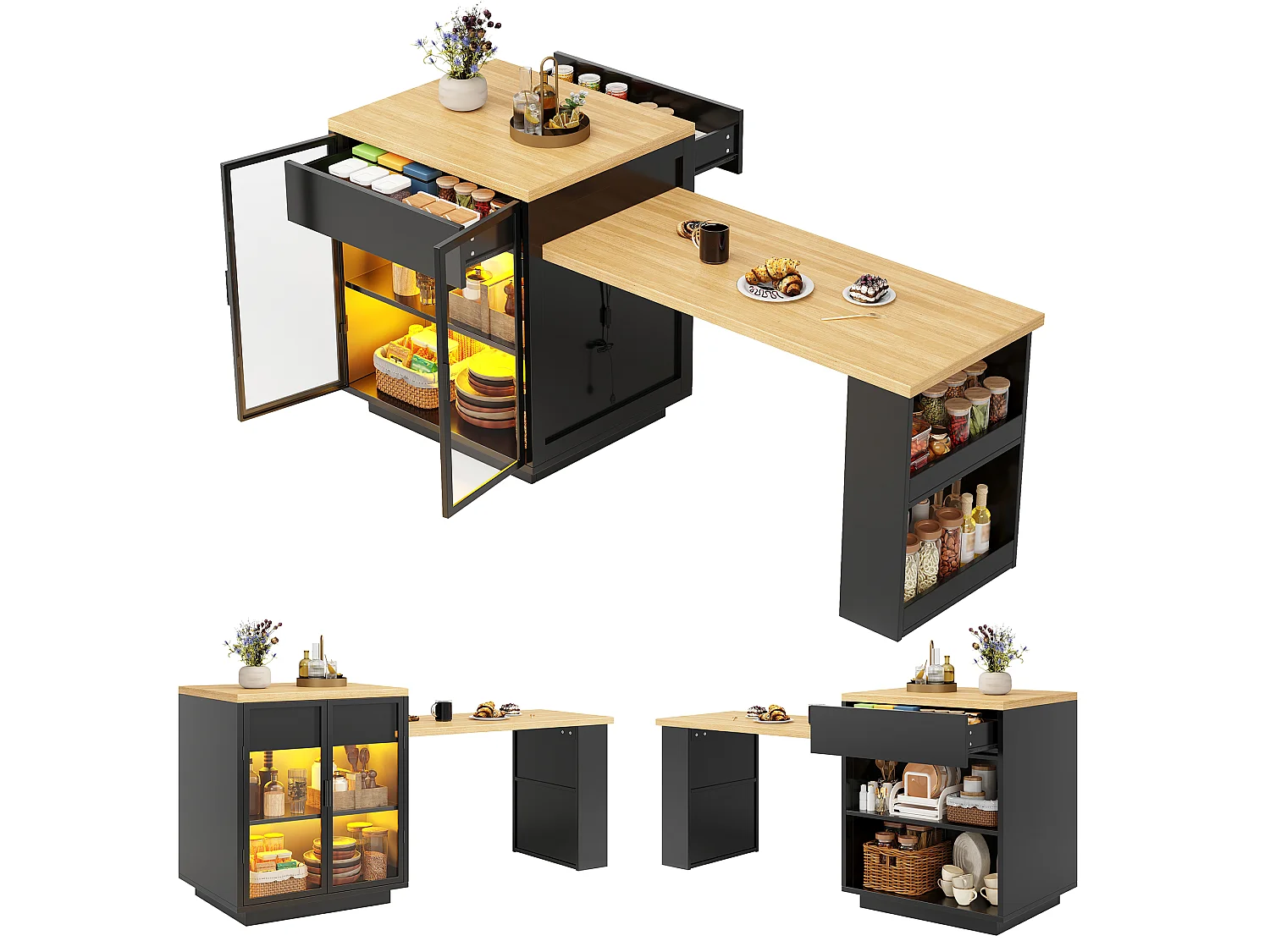 Utdragbart matbord med vitrinskåp, 1 låda, 2 dörrar Hyllor, LED och USB – MDF, metall och glas – 122-194,5 x 70 x 94 cm – Svart