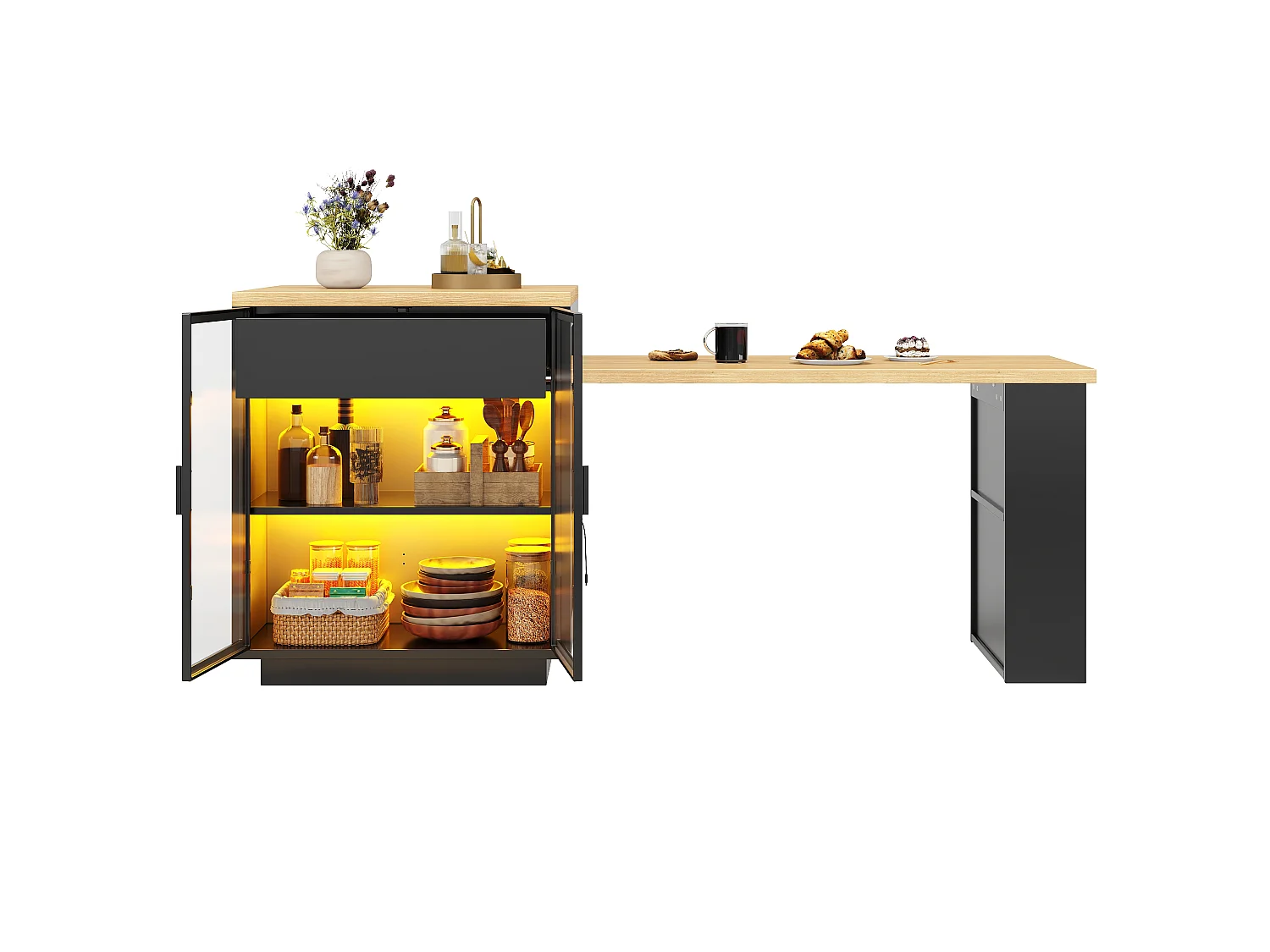 Utdragbart matbord med vitrinskåp, 1 låda, 2 dörrar Hyllor, LED och USB – MDF, metall och glas – 122-194,5 x 70 x 94 cm – Svart