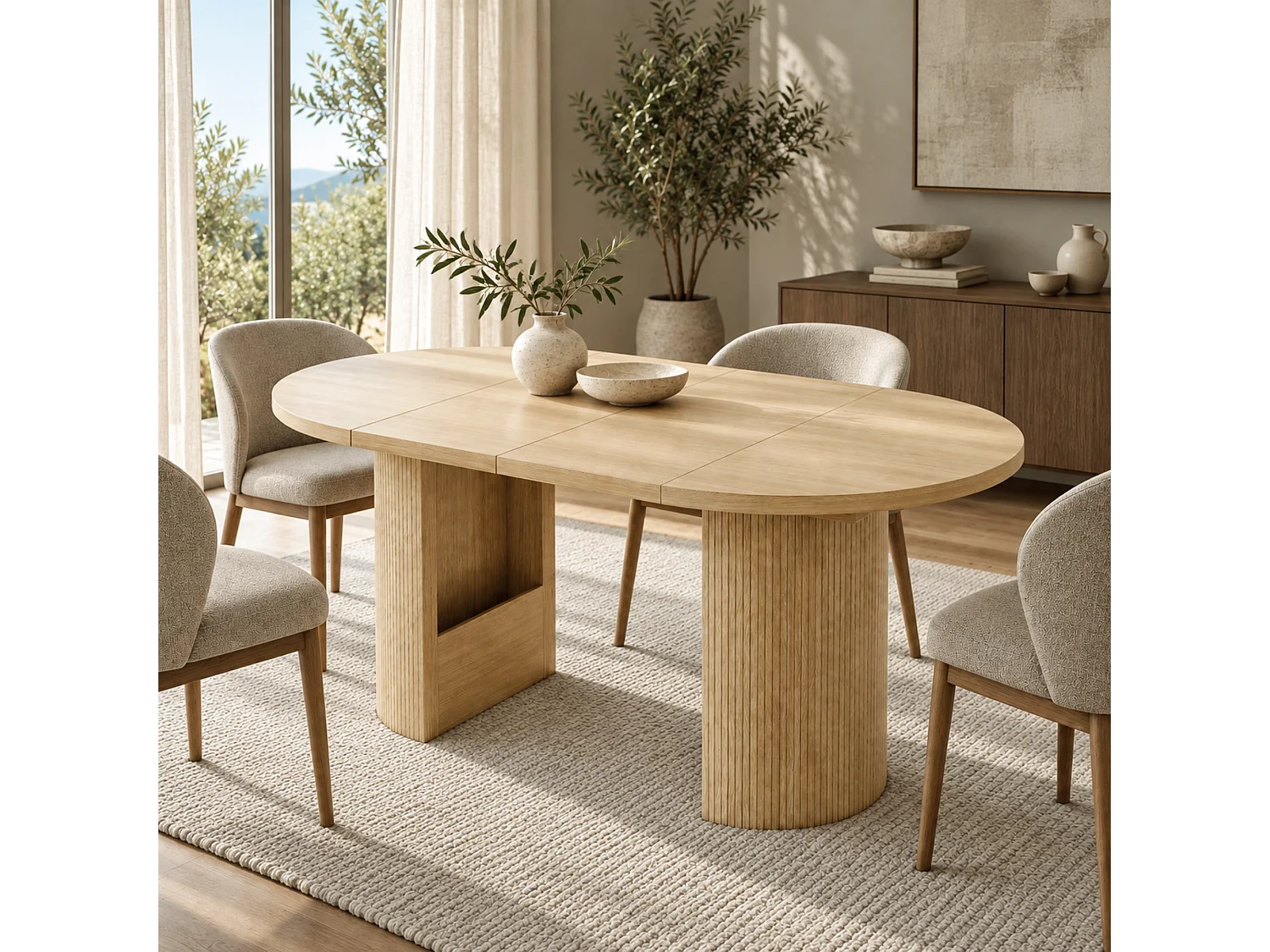 Extendable dining table 90/125/160 x 90 cm - Capacity 4 to 8 people - Thick top - Minimalist style - MDF - Natural