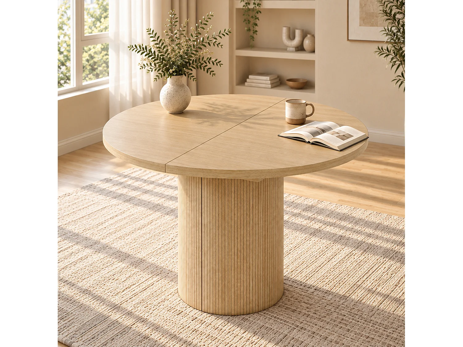 Extendable dining table 90/125/160 x 90 cm - Capacity 4 to 8 people - Thick top - Minimalist style - MDF - Natural