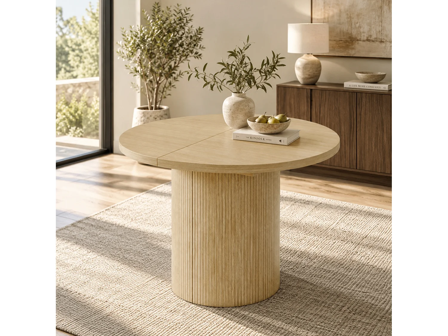 Extendable dining table 90/125/160 x 90 cm - Capacity 4 to 8 people - Thick top - Minimalist style - MDF - Natural