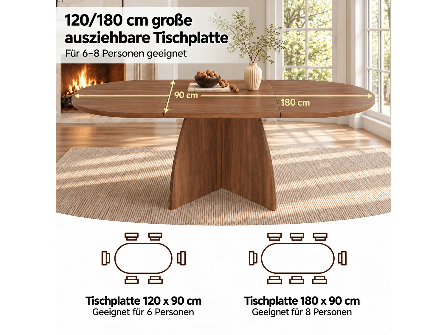 Table à manger rectangulaire extensible 4 à 8 personnes, plateau 18 mm, coins arrondis – MDF – jusqu’à 180 x 90 x 75 cm – Noyer