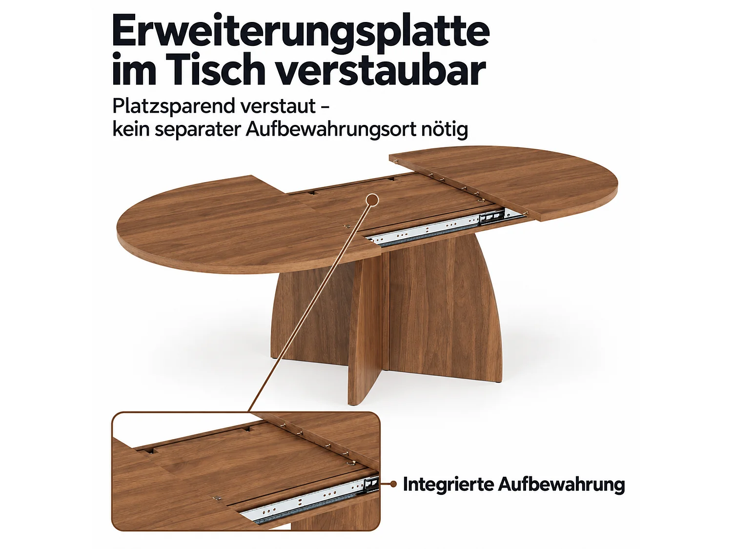 Table à manger rectangulaire extensible 4 à 8 personnes, plateau 18 mm, coins arrondis – MDF – jusqu’à 180 x 90 x 75 cm – Noyer