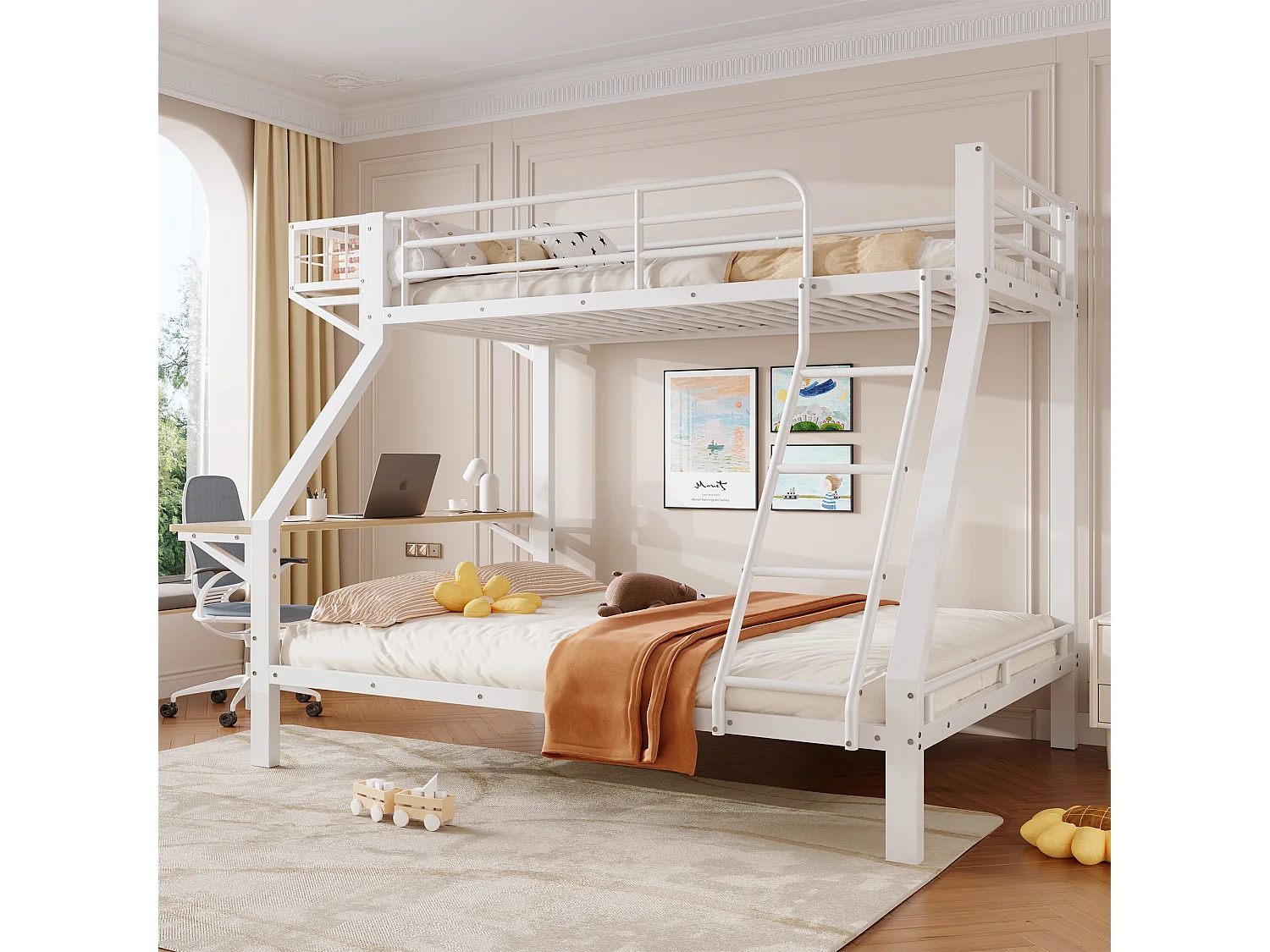 Stapelbed 90 x 200 / 140 x 200 cm met geïntegreerd bureau en veiligheidsrails – Metaal en MDF – Wit (Matras niet inbegrepen)