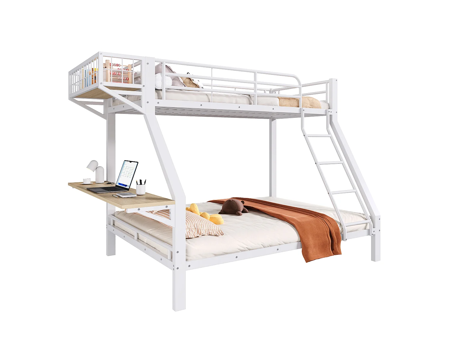 Stapelbed 90 x 200 / 140 x 200 cm met geïntegreerd bureau en veiligheidsrails – Metaal en MDF – Wit (Matras niet inbegrepen)