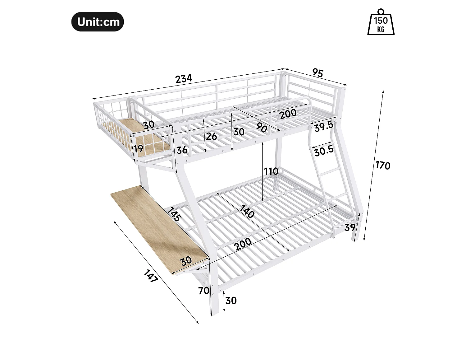 Stapelbed 90 x 200 / 140 x 200 cm met geïntegreerd bureau en veiligheidsrails – Metaal en MDF – Wit (Matras niet inbegrepen)