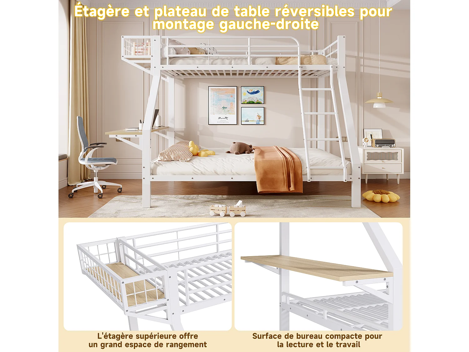 Stapelbed 90 x 200 / 140 x 200 cm met geïntegreerd bureau en veiligheidsrails – Metaal en MDF – Wit (Matras niet inbegrepen)