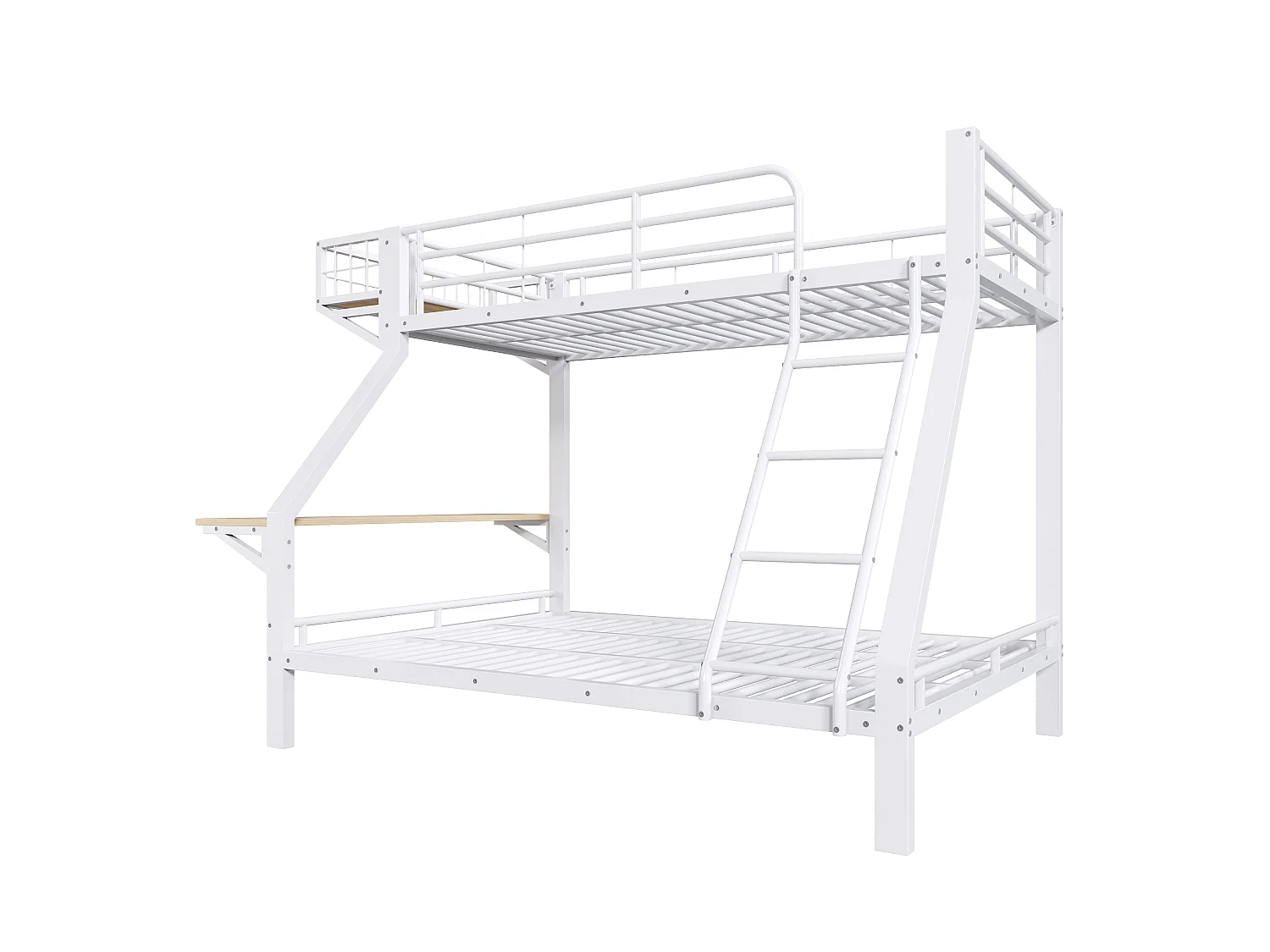 Stapelbed 90 x 200 / 140 x 200 cm met geïntegreerd bureau en veiligheidsrails – Metaal en MDF – Wit (Matras niet inbegrepen)