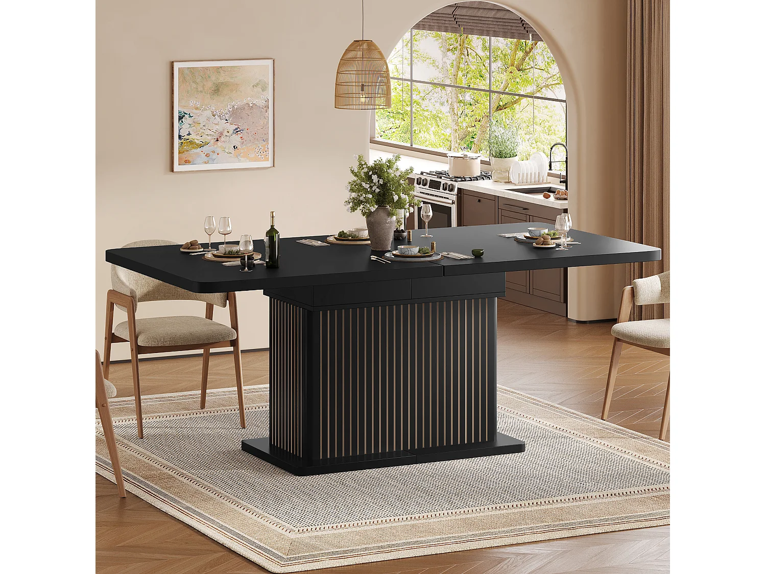 Ausziehbarer Esstisch mit Stauraum, Ablagen und grifflosen Türen – MDF und Metall – 120–160 x 80 x 76 cm – Schwarz