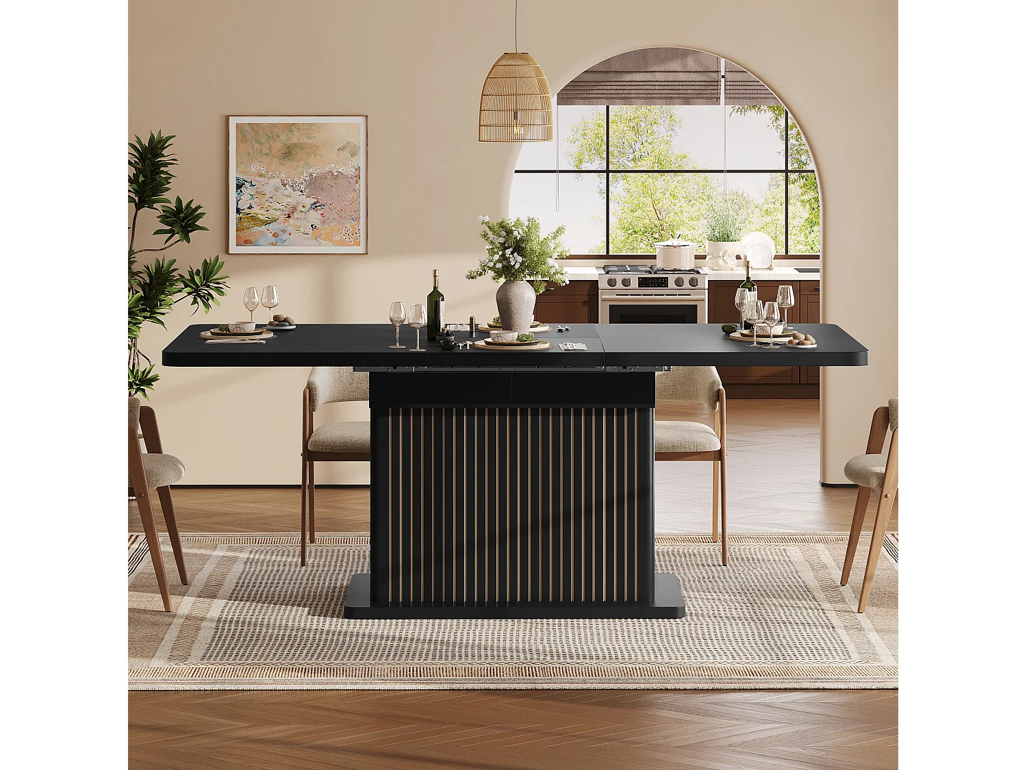 Ausziehbarer Esstisch mit Stauraum, Ablagen und grifflosen Türen – MDF und Metall – 120–160 x 80 x 76 cm – Schwarz