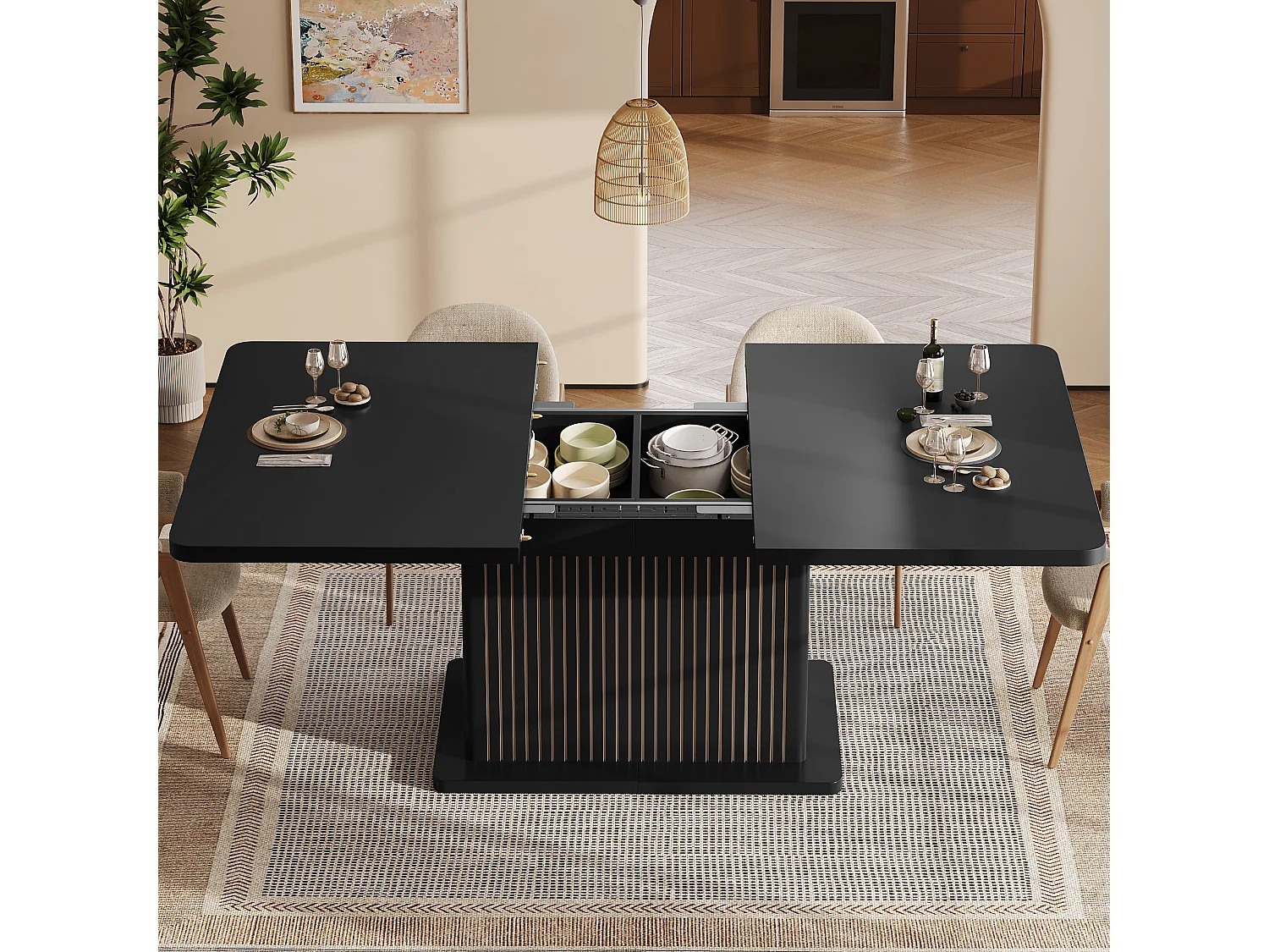 Ausziehbarer Esstisch mit Stauraum, Ablagen und grifflosen Türen – MDF und Metall – 120–160 x 80 x 76 cm – Schwarz
