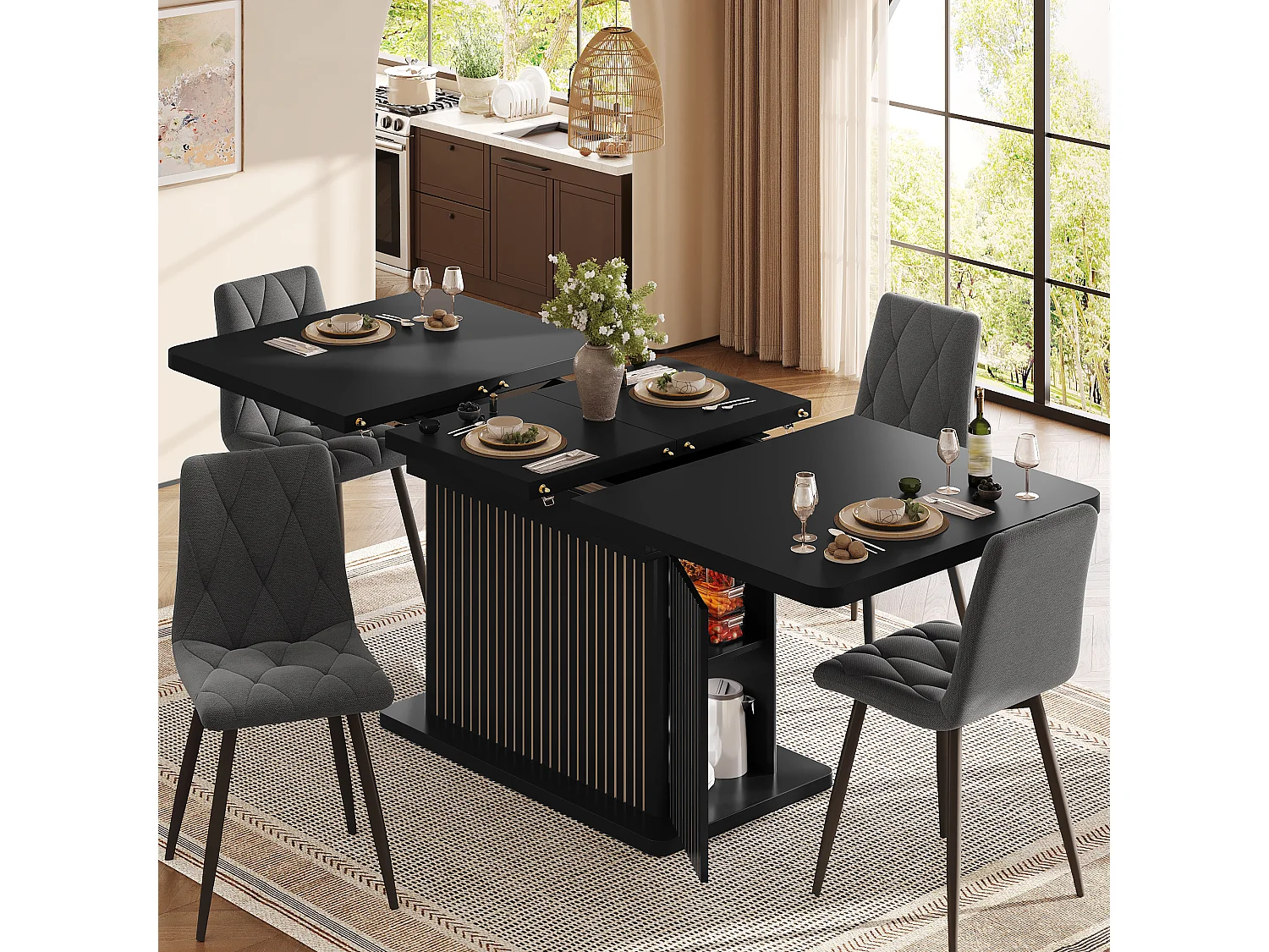 Ausziehbarer Esstisch mit Stauraum, Ablagen und grifflosen Türen – MDF und Metall – 120–160 x 80 x 76 cm – Schwarz