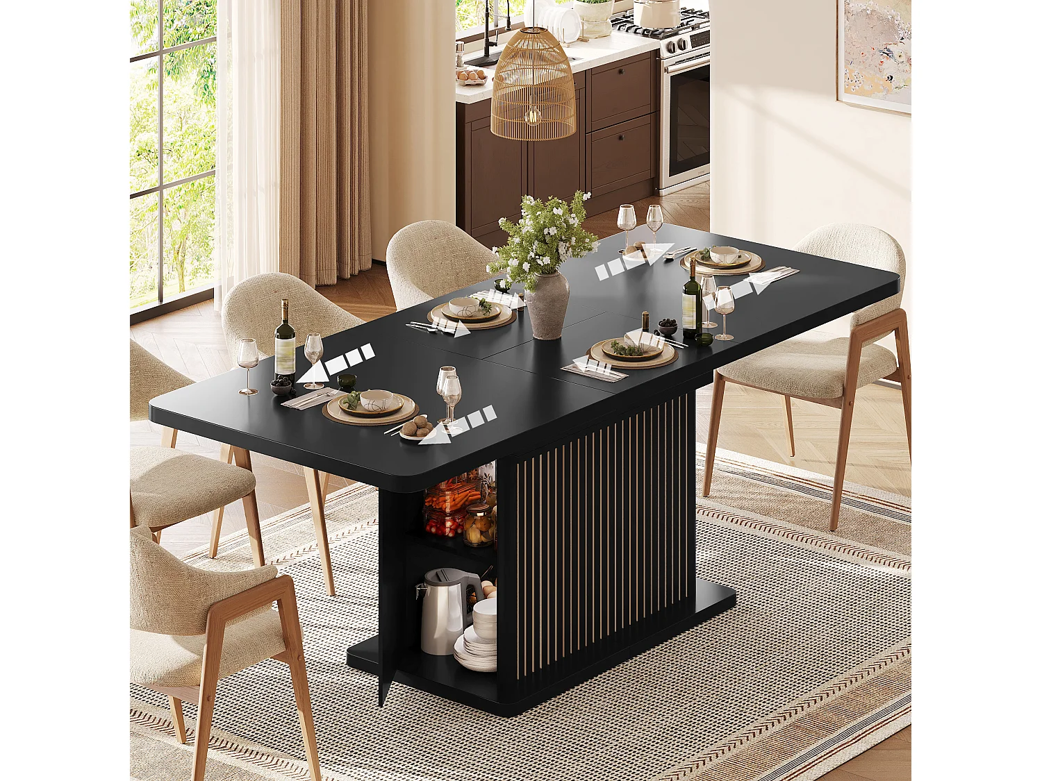 Ausziehbarer Esstisch mit Stauraum, Ablagen und grifflosen Türen – MDF und Metall – 120–160 x 80 x 76 cm – Schwarz