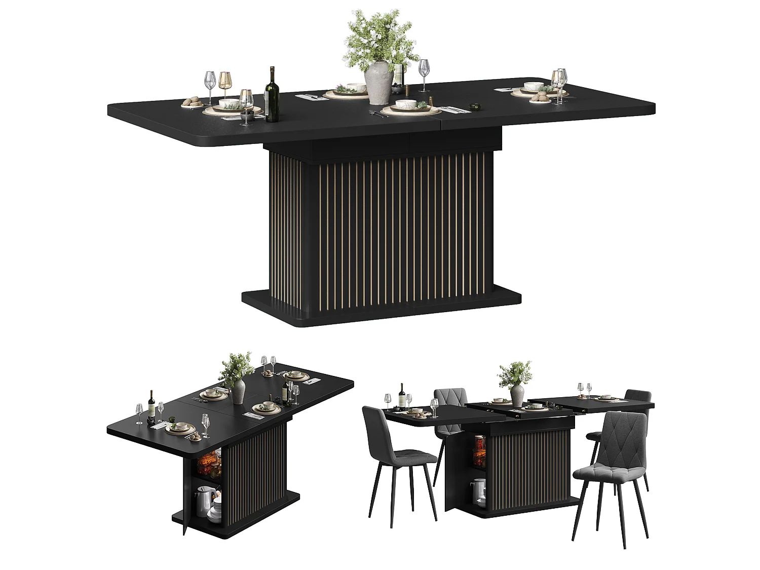 Ausziehbarer Esstisch mit Stauraum, Ablagen und grifflosen Türen – MDF und Metall – 120–160 x 80 x 76 cm – Schwarz