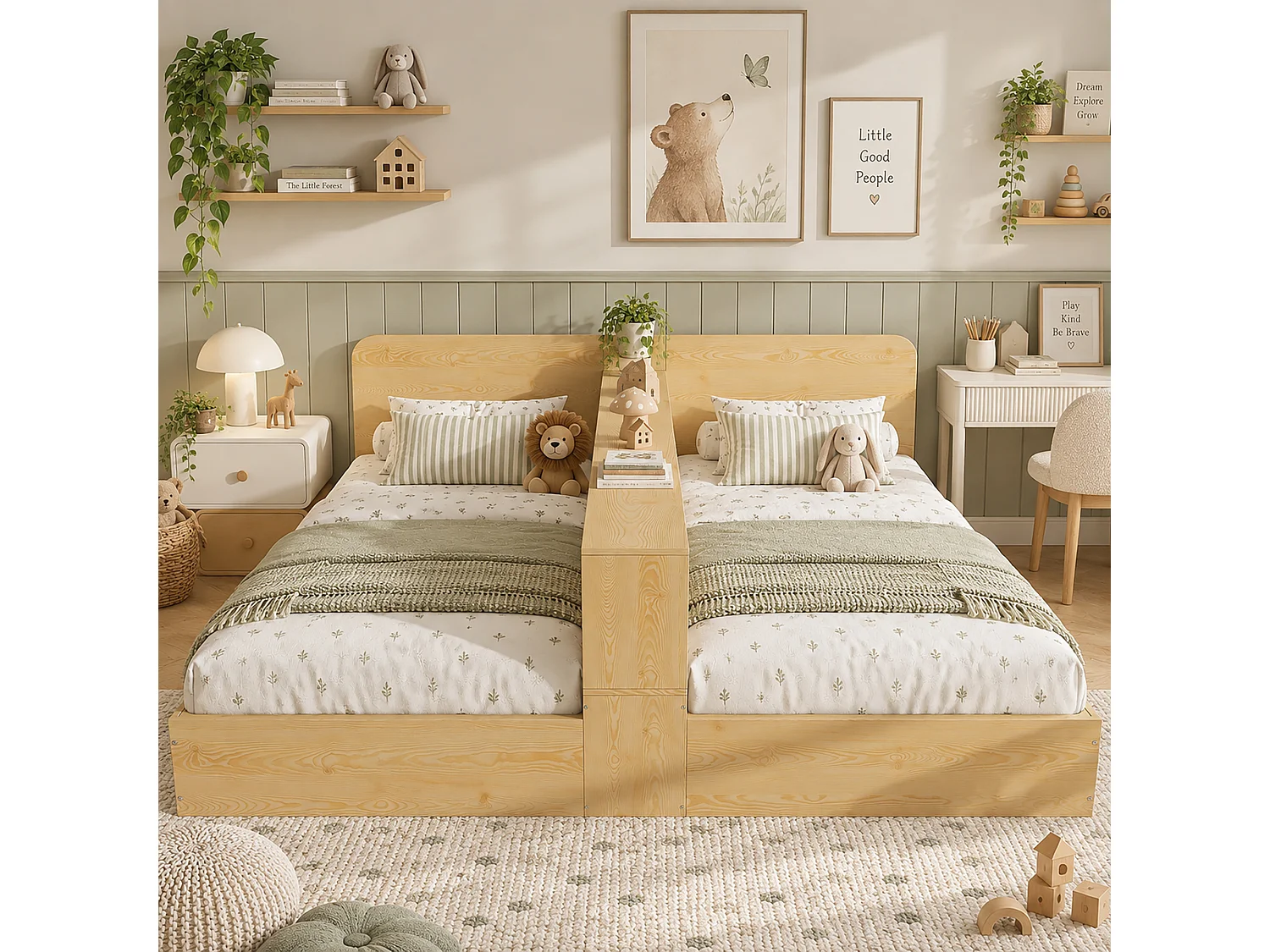 Łóżko dziecięce z drewna 2*90x200cm - środkowa przegroda i schowek - Drewno lite + MDF - Naturalne (bez materaca)