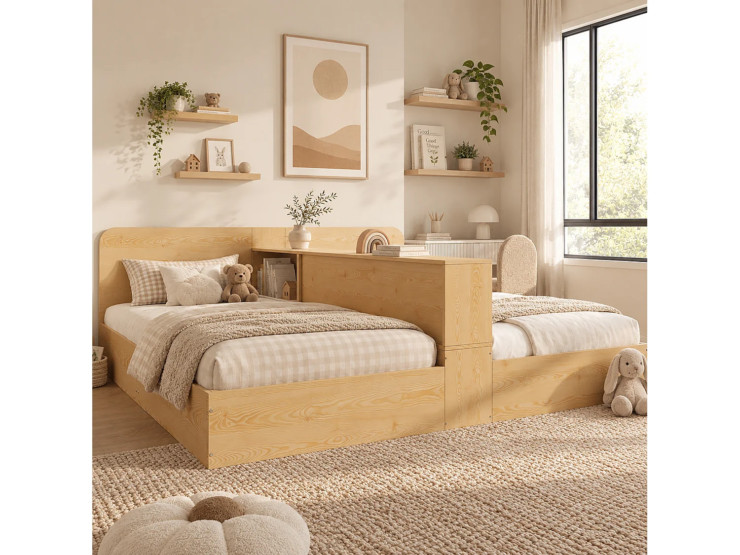 Łóżko dziecięce z drewna 2*90x200cm - środkowa przegroda i schowek - Drewno lite + MDF - Naturalne (bez materaca)