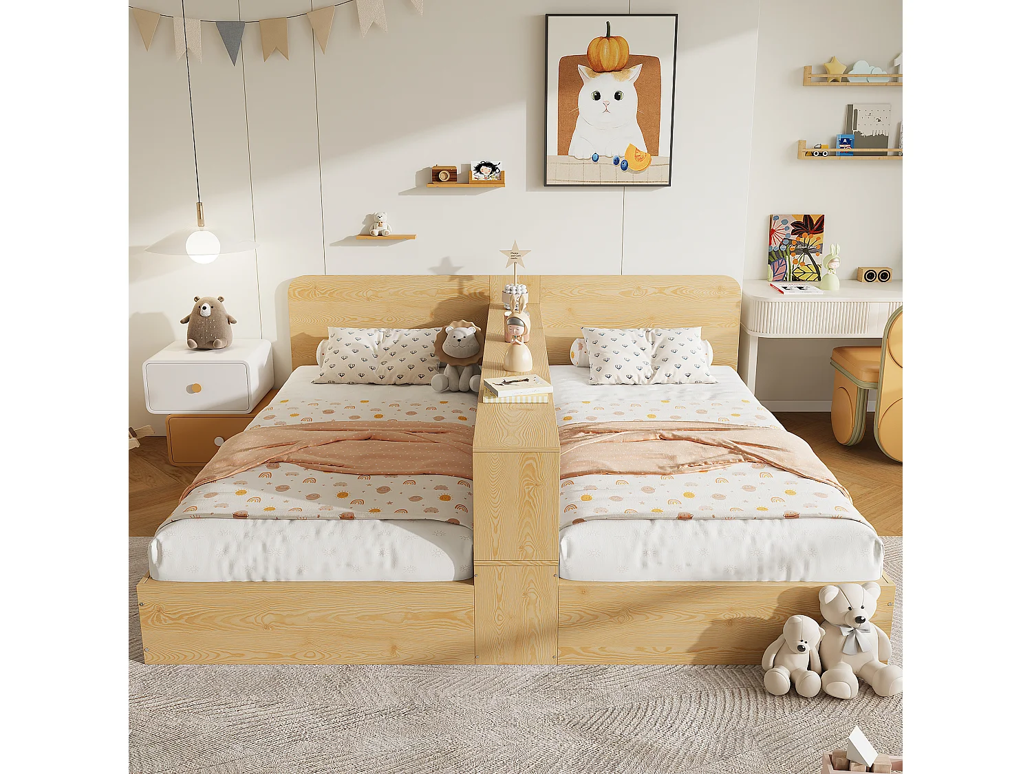 Łóżko dziecięce z drewna 2*90x200cm - środkowa przegroda i schowek - Drewno lite + MDF - Naturalne (bez materaca)