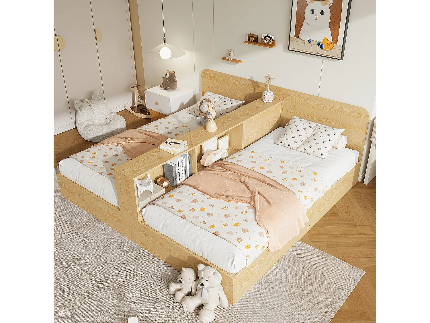Łóżko dziecięce z drewna 2*90x200cm - środkowa przegroda i schowek - Drewno lite + MDF - Naturalne (bez materaca)