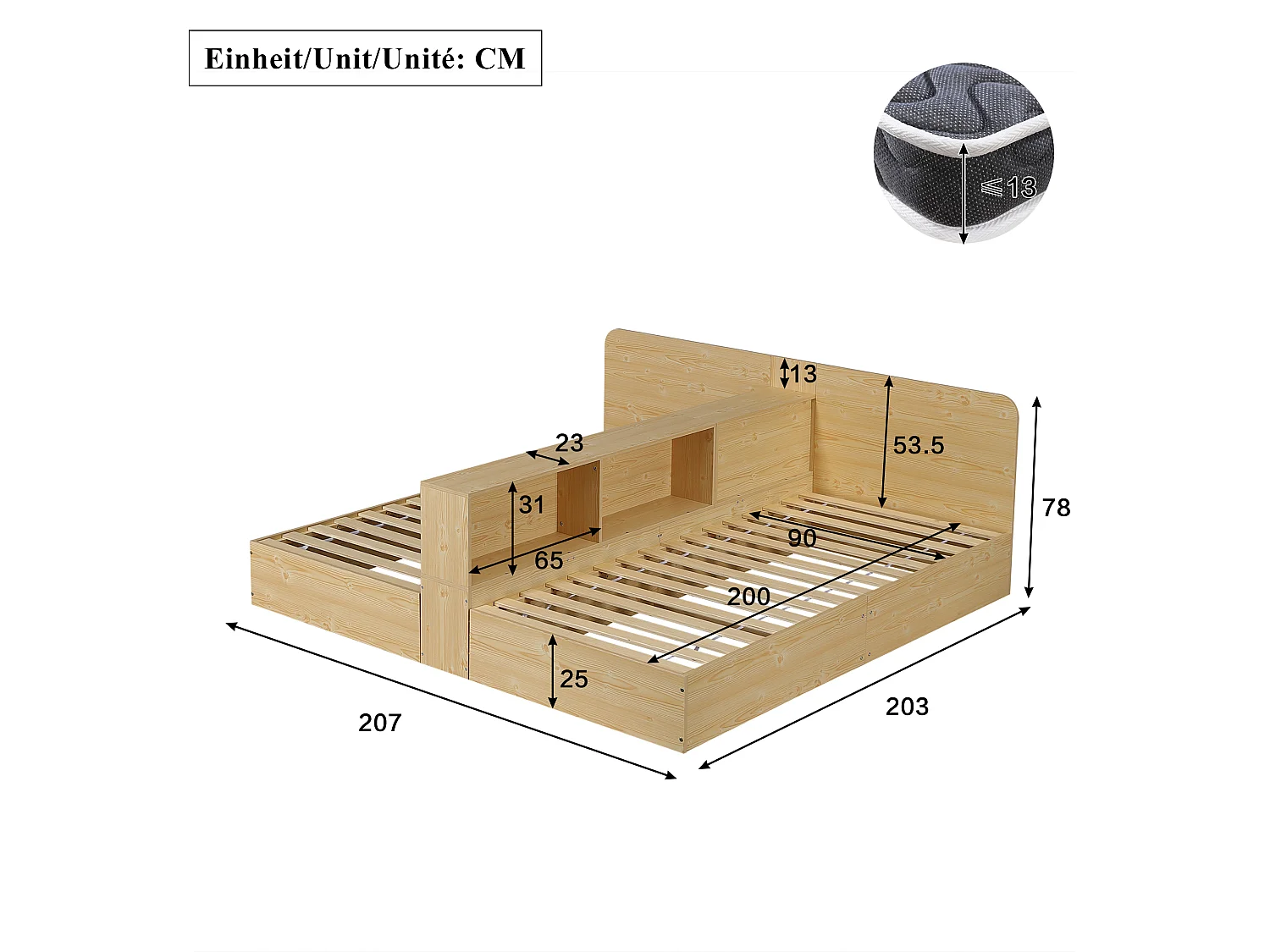 Łóżko dziecięce z drewna 2*90x200cm - środkowa przegroda i schowek - Drewno lite + MDF - Naturalne (bez materaca)