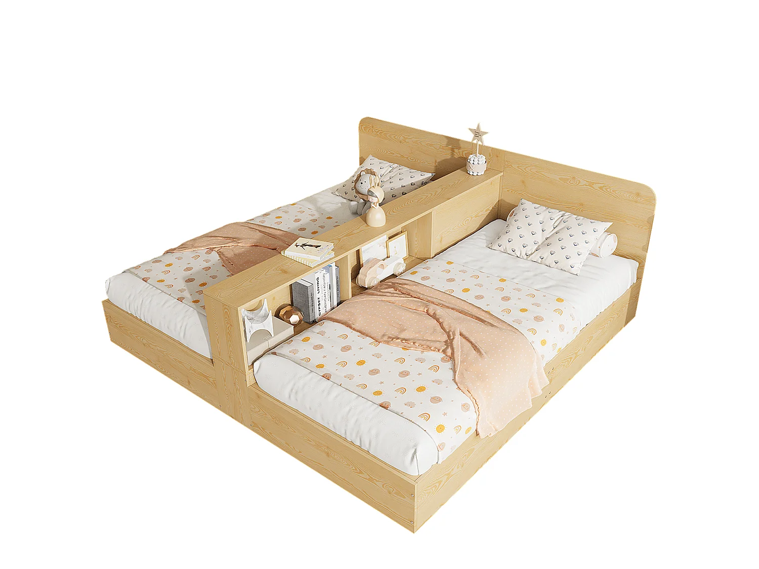 Łóżko dziecięce z drewna 2*90x200cm - środkowa przegroda i schowek - Drewno lite + MDF - Naturalne (bez materaca)