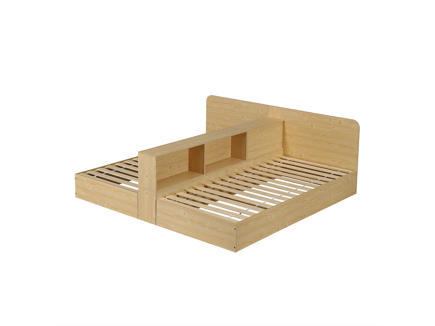 Łóżko dziecięce z drewna 2*90x200cm - środkowa przegroda i schowek - Drewno lite + MDF - Naturalne (bez materaca)