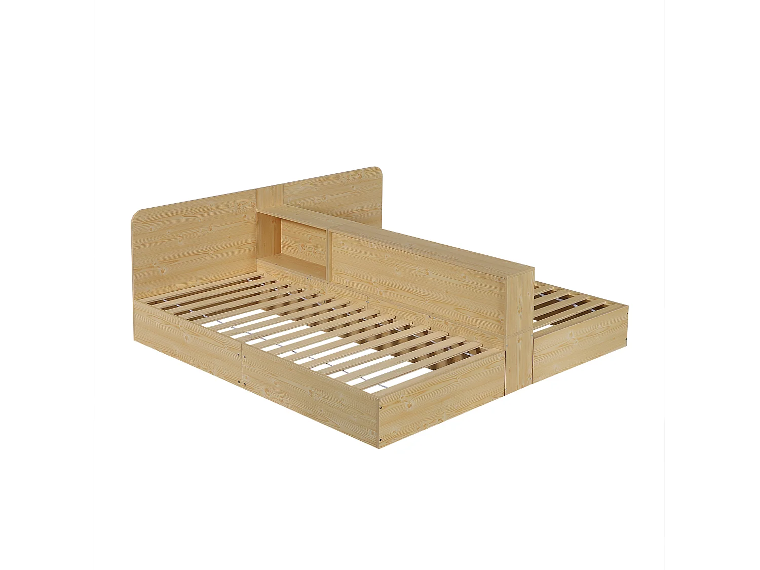 Łóżko dziecięce z drewna 2*90x200cm - środkowa przegroda i schowek - Drewno lite + MDF - Naturalne (bez materaca)