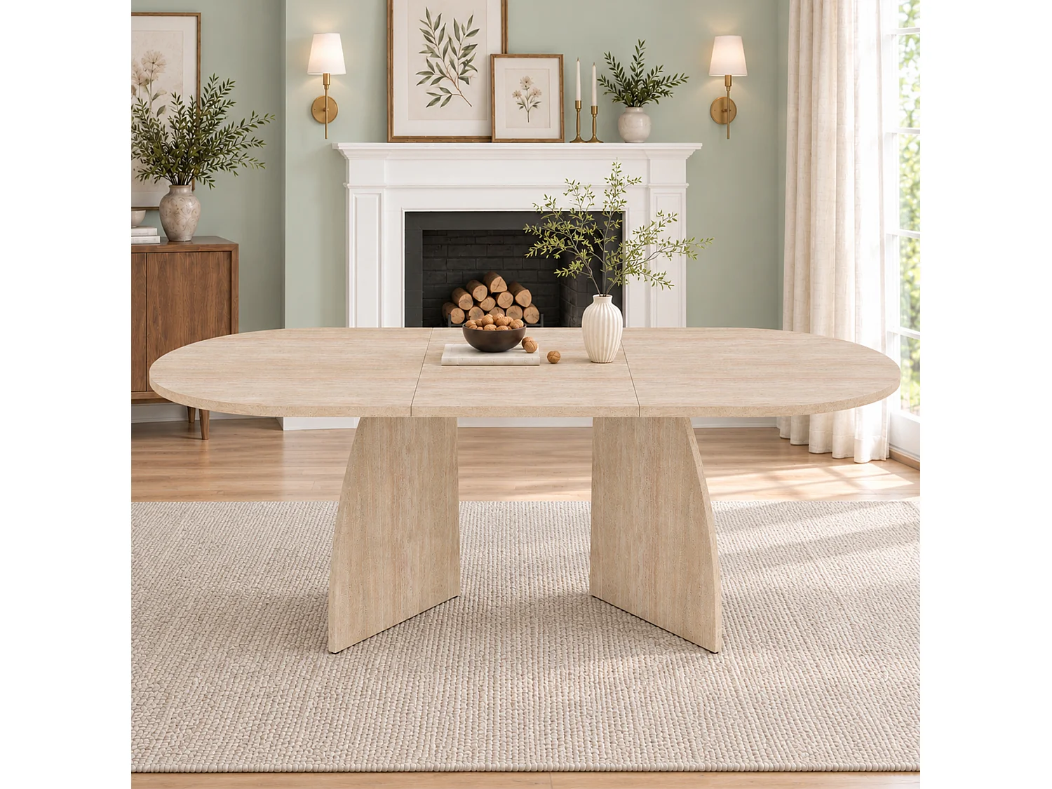 Rozkładany, prostokątny stół jadalny dla 6-8 osób, zaokrąglone rogi – płyta MDF – 150-200 x 90 x 75 cm – imitacja trawertynu.