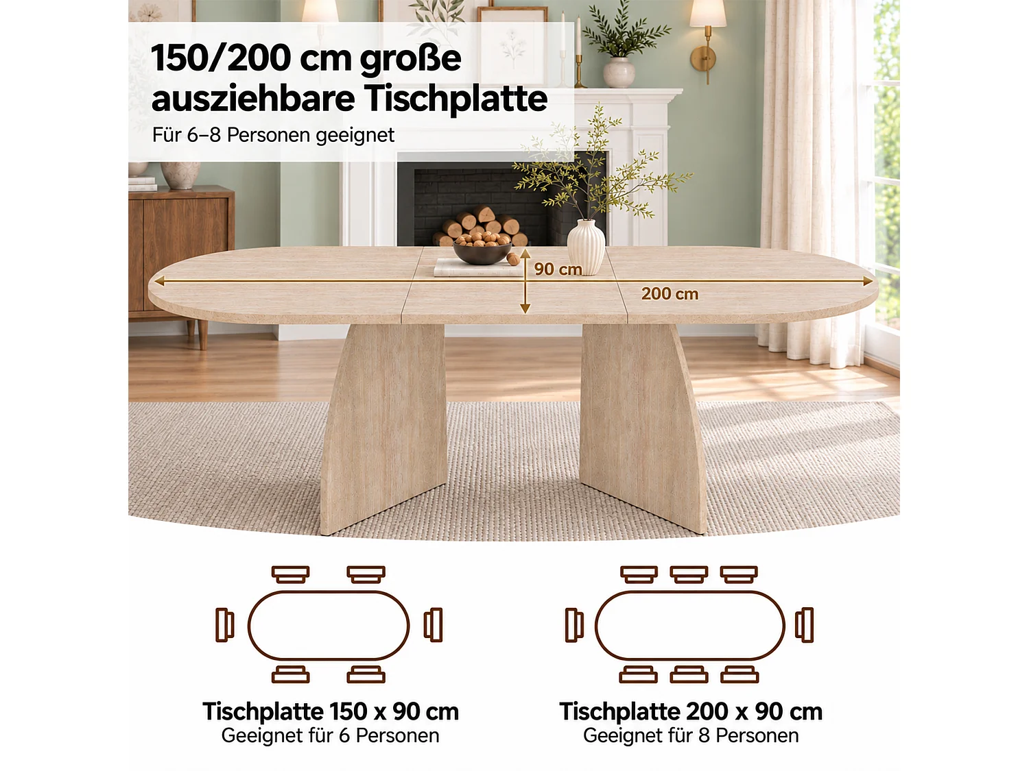 Rozkładany, prostokątny stół jadalny dla 6-8 osób, zaokrąglone rogi – płyta MDF – 150-200 x 90 x 75 cm – imitacja trawertynu.