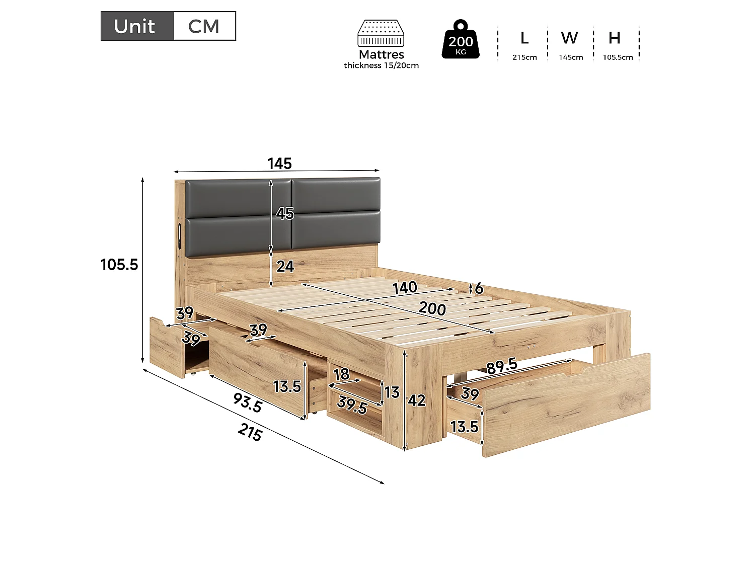 Double bed 140x200 cm with 3 drawers and open shelves - Night light and USB ports - Upholstered PU headboard - Natural (without mattress)