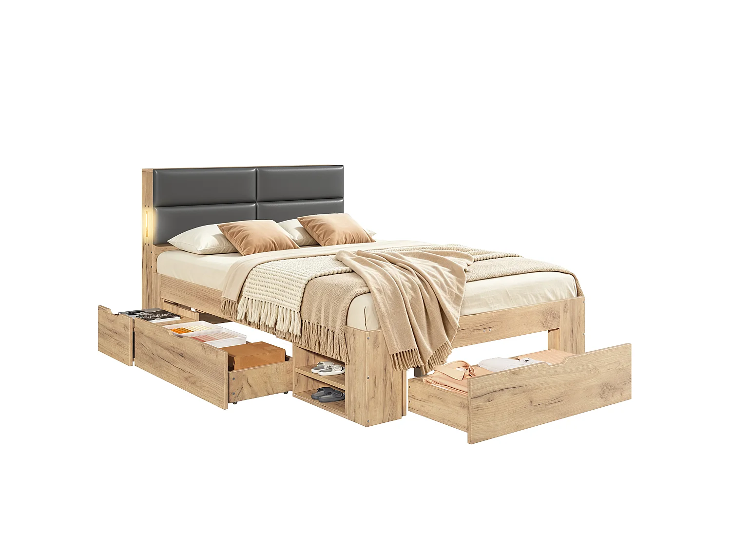 Double bed 140x200 cm with 3 drawers and open shelves - Night light and USB ports - Upholstered PU headboard - Natural (without mattress)