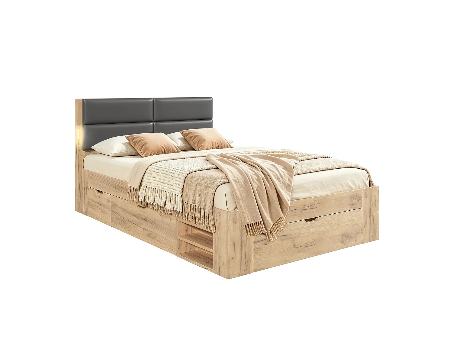Double bed 140x200 cm with 3 drawers and open shelves - Night light and USB ports - Upholstered PU headboard - Natural (without mattress)