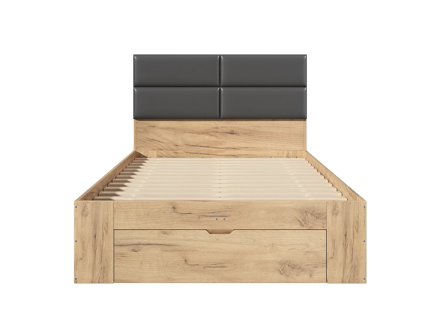 Double bed 140x200 cm with 3 drawers and open shelves - Night light and USB ports - Upholstered PU headboard - Natural (without mattress)