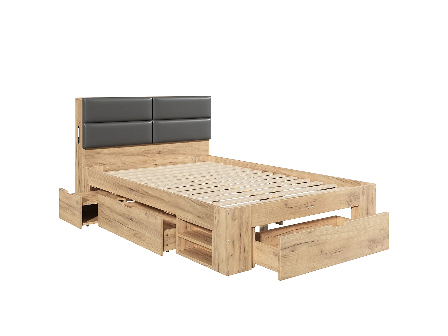 Double bed 140x200 cm with 3 drawers and open shelves - Night light and USB ports - Upholstered PU headboard - Natural (without mattress)