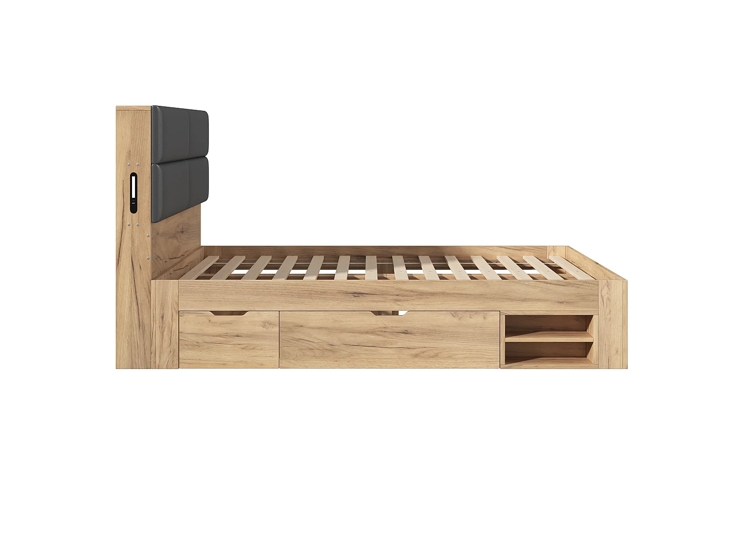 Double bed 140x200 cm with 3 drawers and open shelves - Night light and USB ports - Upholstered PU headboard - Natural (without mattress)