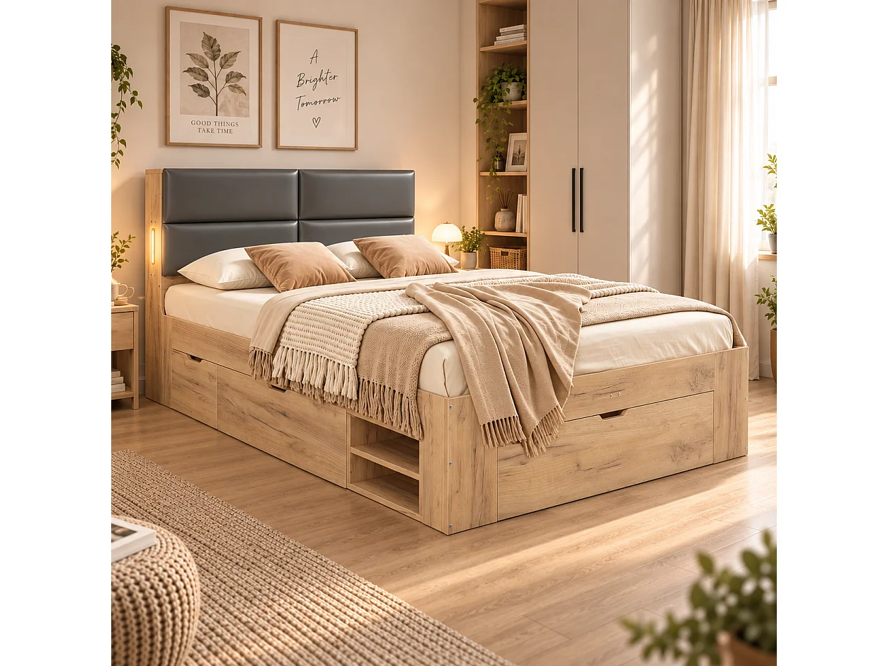 Double bed 140x200 cm with 3 drawers and open shelves - Night light and USB ports - Upholstered PU headboard - Natural (without mattress)