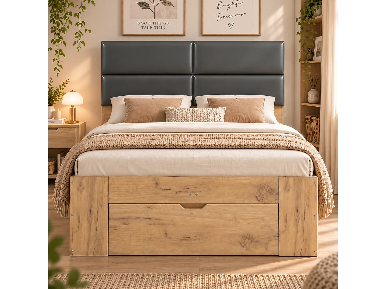 Double bed 140x200 cm with 3 drawers and open shelves - Night light and USB ports - Upholstered PU headboard - Natural (without mattress)