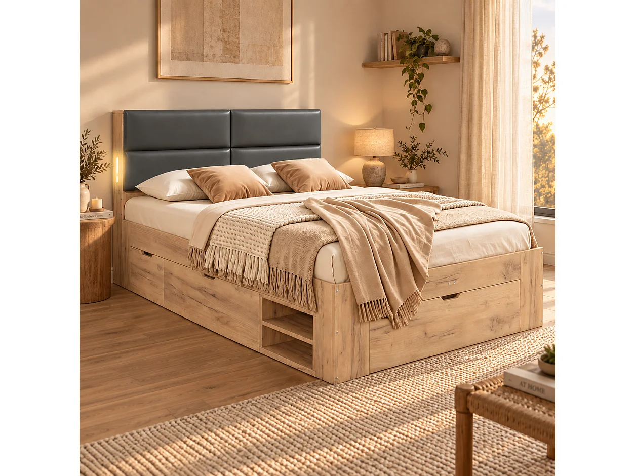 Double bed 140x200 cm with 3 drawers and open shelves - Night light and USB ports - Upholstered PU headboard - Natural (without mattress)