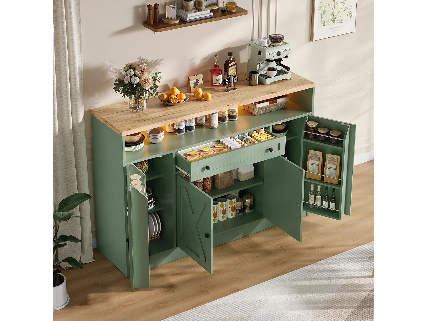 Buffet style grange 140x35x95cm - avec éclairage LED - avec 4 portes et 1 tiroir - étagères ouvertes - Vert