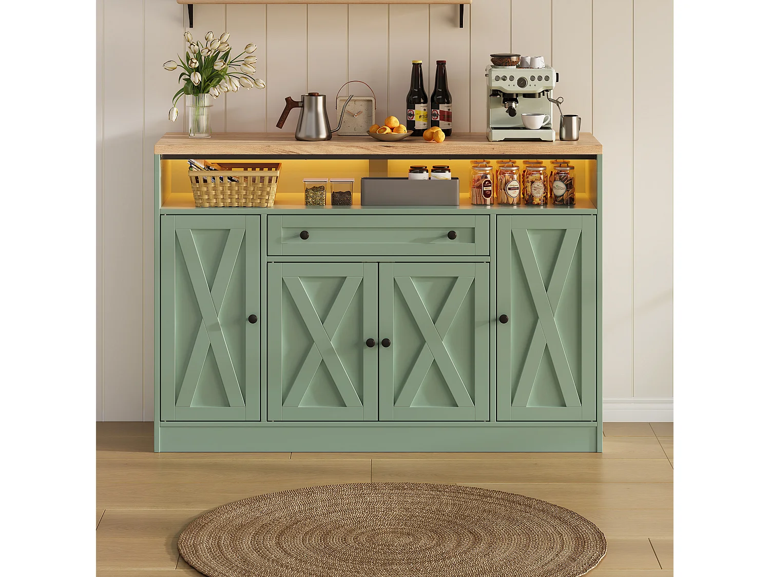 Buffet style grange 140x35x95cm - avec éclairage LED - avec 4 portes et 1 tiroir - étagères ouvertes - Vert