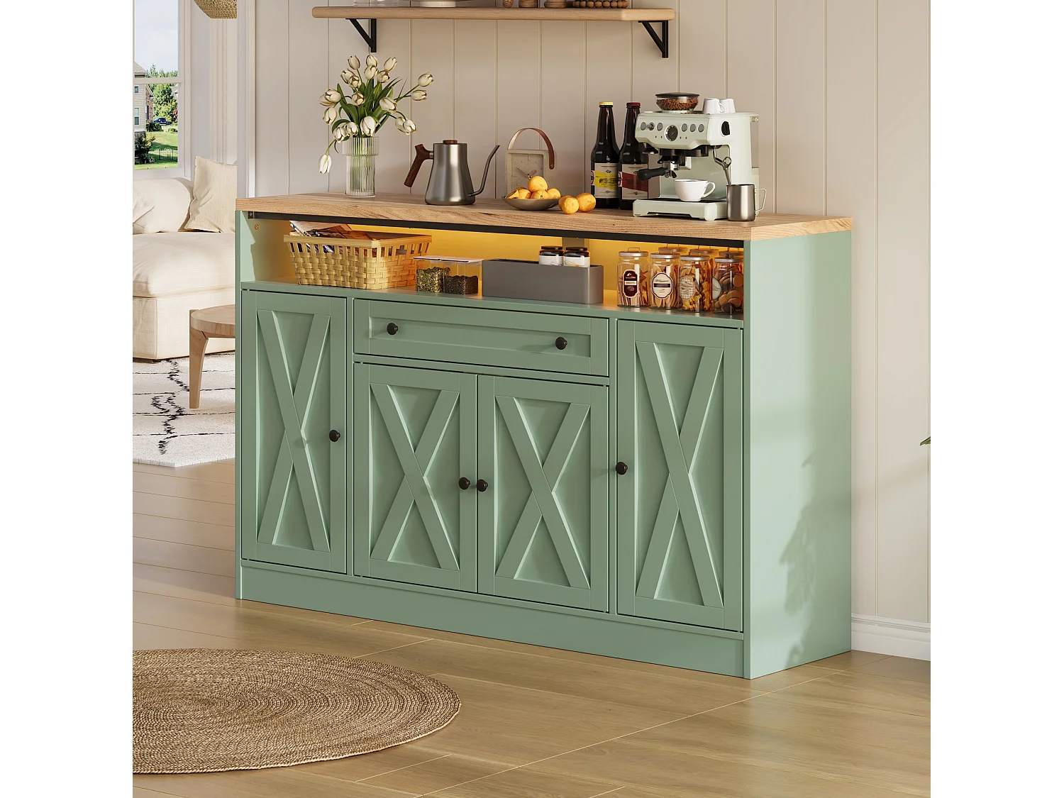Buffet style grange 140x35x95cm - avec éclairage LED - avec 4 portes et 1 tiroir - étagères ouvertes - Vert